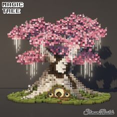 a pixel art tree with pink flowers on it's head and branches in the center