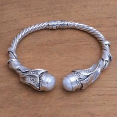 Cultured Pearl and Sterling Silver Cuff Bracelet from Bali - Songket Glow | NOVICA Pearl Cuff Bracelet, Pearl Cuff, Ribbon Jewelry, Printed Jewelry, Sterling Silver Cuff Bracelet, Silver Work, Sterling Silver Cuff, Silver Cuff Bracelet, Silver Cuff