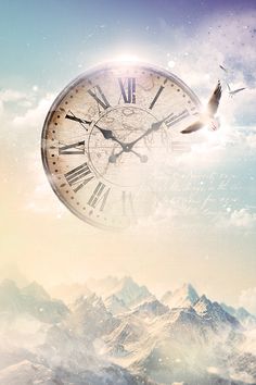 an image of a clock flying in the sky with mountains and birds around it,