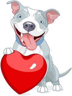 a dog holding a big red heart in its paws, with his tongue hanging out