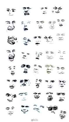 many different faces are shown in black and white