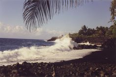 the waves are crashing on the rocks near the beach and palm trees in the foreground