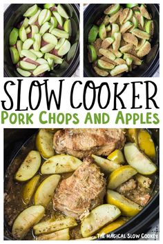 slow cooker pork chops and apples with text overlay