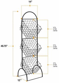 a tall metal rack with four baskets on it's sides and measurements for each section