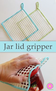 a person is holding a jar with jam in it and the words jar lid gripper are