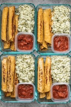 six plastic containers filled with different types of food and sauces on top of rice