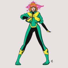 a drawing of a woman with pink hair and green outfit standing in front of a gray background