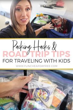 a woman is holding up her travel bag with the words packing hacks and road trip tips for traveling with kids