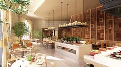 a restaurant with tables, chairs and potted plants on the wall behind the counter