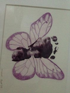 a drawing of a purple butterfly with black spots on it's wings and feet