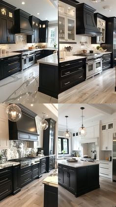 two pictures of black and white kitchen cabinets with light wood flooring in the middle