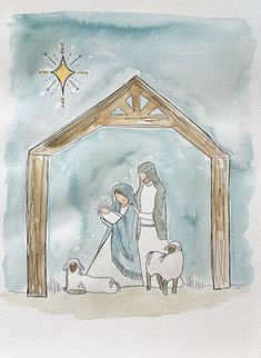 a watercolor and ink drawing of a nativity scene with baby jesus in the manger