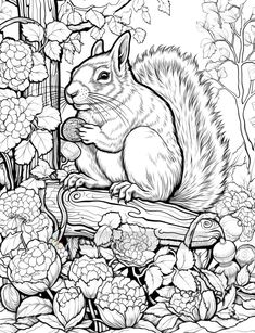 a squirrel sitting on top of a tree stump in the woods with flowers and leaves