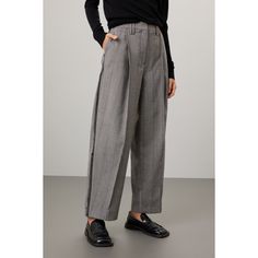 Gray herringbone cotton (35% Polyethylene, 33% Recycled Polyethylene, 29% Lenzing Ecovero Viscose, 3% Elastane). Pants. Front zipper closure. 27" inseam. 9.5" rise. Imported. Gray Cotton Wide Leg Workwear Pants, Gray Cotton Wide Leg Pants For Work, Tailored Herringbone Bottoms For Workwear, Fall Workwear Bottoms With Herringbone Pattern, Fall Herringbone Pattern Bottoms For Workwear, Tailored Herringbone Bottoms For Fall, Modern Workwear Pants With Zip Fly, Classic Herringbone Pattern Bottoms For Workwear, Herringbone Pattern Trousers For Fall