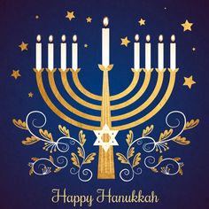 a happy hanukkah banner hanging from a gold and blue pole with five lit candles