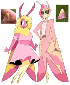 two cartoon characters are standing next to each other, one in pink and the other in yellow