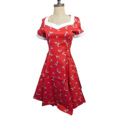 This Dressy Star Retro Style Dress Nwt Is An Elegant Choice For Women Who Appreciate Vintage Fashion. The Design Adds A Touch Of Whimsy To The Overall Classic Look. V Neckline, Cuffed Cap Sleeves, Zip Back Closure, And Stretch Cloth Fabric And Flared Skirt- Looks To Run Small Based On Measurements Features A Unique Cherry Print Pattern Styled In A Retro, Vintage Fashion New With Tags (Nwt) For Assured Quality Features: Chest: 32" Waist: 26" Hips: 42" Length From Shoulders: 38" Measurements Unstr Retro Fitted Christmas Dress, Red Short Sleeve Lined Dress, Fitted A-line Midi Dress For Holiday, Red Vintage Dress For Holiday, Fitted Short Sleeve Christmas Dresses, Vintage Fitted Christmas Dresses, Short Sleeve Fitted Christmas Dresses, Red Knee-length Mini Dress For Holiday, Fitted Short Sleeve Holiday Dresses