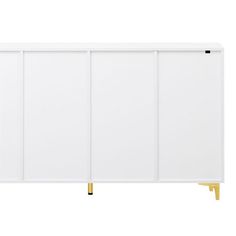 a white cabinet with three doors and gold legs