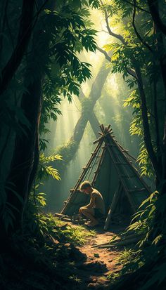 a person sitting in front of a teepee in the woods with sunlight streaming through