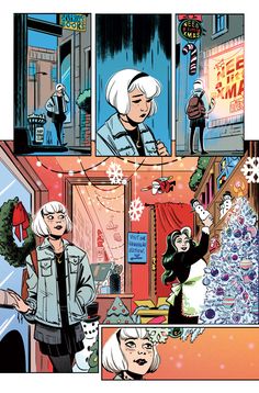 an image of a comic strip with people in the background and christmas decorations on the wall