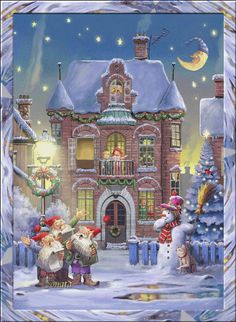 a christmas scene with santa and snowmen in front of a house