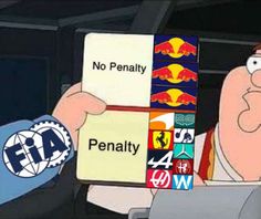 a cartoon character holding up a sign that says penalty and has four different logos on it