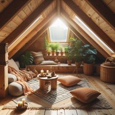 an attic with wooden floors and lots of pillows on the floor in front of a window