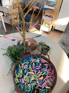 a basket filled with colored crayons sitting on top of a table next to a tree