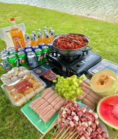 an assortment of food is laid out on the grass near watermelon and other beverages