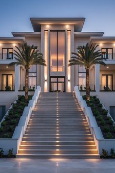 an elegant house with stairs leading up to the front door and palm trees on either side