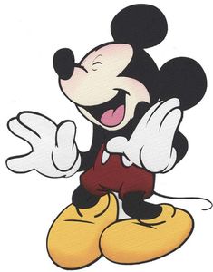 a cartoon mickey mouse with his tongue out and hands in the air, making a goofy face