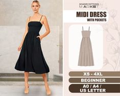 a woman in a black dress is standing with her hands on her hips and the text below it reads,'sewing patterns for midi dresses with pockets xs 4xl beginner ao 40