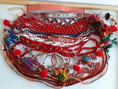 Large Lot red theme junk beaded necklaces and bracelet for crafting projects - all wear except for the elephant beaded strand which is not a necklace- sold as is. similar lots are listed  To make this a smooth and pleasant transaction experience for everyone, all buyers need to read and understand the description, the terms of sale , the payment and the shipping indicated in this listing. Return not accepted - please ask before purchase. Vintage Red Bracelets For Festival, Red Traditional Beads For Crafting, Red Beaded Jewelry For Gift Making, Traditional Red Beads For Crafting, Handmade Red Craft Supplies, Handmade Red Craft Supplies For Gifts, Red Beaded Bracelets For Festivals, Handmade Red Beaded Bracelets For Festivals, Red Round Beaded Bracelets For Festivals