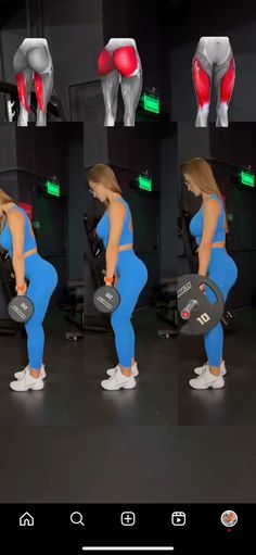 the woman is doing exercises with dumbbells in front of an exercise machine and showing her muscles