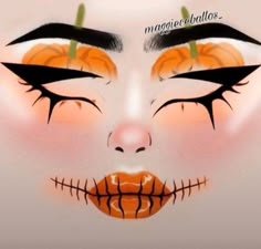 Halloween Makeup Looks Drawing, Spooky Makeup Looks Easy, Makeup Layout On Face, Pumpkin Makeup Looks, Pumpkin Eye Makeup, Halloween Graphic Liner, Spooky Eye Makeup