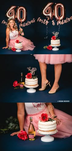 a woman in a pink dress sitting next to a cake with the number forty on it