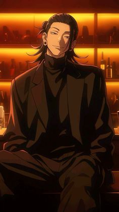 an anime character sitting in front of a bar