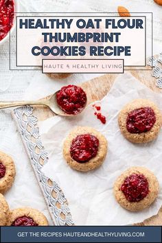 healthy oat flour thumbprint cookies recipe with raspberry jam in the middle