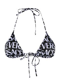 black/white stretch-design all-over logo print triangle cup halterneck tie fastening rear tie fastening Be mindful to try on swimwear over your own garments. Versace Swimwear, Womens Bathing Suits Bikinis, Bathing Suit Designs, Versace Logo, Swimsuits Outfits, Beach Outfits, Be Mindful, Pinterest Closet, Swim Wear