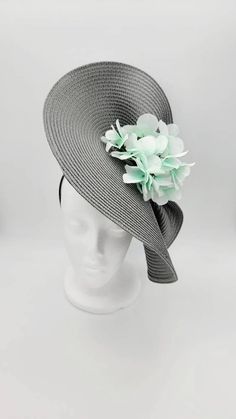 Free EXPRESS 1-2 Day Shipping GISELLE Gray Fascinator Aqua | Etsy Green Summer Fascinator With Handmade Flowers, Elegant Gray Summer Hat, Gray Summer Party Hat, Summer Gray Party Hat, Silver Spring Church Hat, Silver Church Hat For Spring, Silver Hat For Church In Spring, Gray Kentucky Derby Party Hat, Gray Hat For Kentucky Derby Party