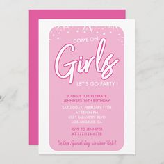 a pink birthday party card with the words girls on it