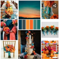 a collage of orange and blue wedding colors