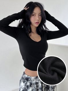 Women's Solid V-Neck Long Sleeve Slim Fit Casual T-Shirt, Spring Summer Black Casual  Long Sleeve Fabric Plain  Medium Stretch  Women Clothing, size features are:Bust: ,Length: ,Sleeve Length: Blue Y2k, Moon Pattern, Summer Black, Casual T Shirt, Crop Tshirt, Black Casual, Crop Tee, Casual T Shirts, Women Clothing