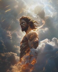 a man with long hair standing in the clouds