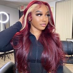 Hair Material: 100% Human Hair Hair Texture: Straight Hair Hair Color: Burgundy Hair With Blonde Skunk Stripe Hairline: Pre-Plucked Natural Hairline Hair Length: 14-30 inches Wig Density: 180% Lace Design: 13x4 Transparent Lace Cap Size: Average Size (Head circumference: 22.5inch) Hair Quality: High Quality, Free Tangling, Minimal Shedding Features: Can be Dyed, Bleached, Restyled Processing Time: It's a customized product, that usually takes 1-5 business days to process before shipping out. Shi Blonde Skunk Stripe, Blonde With Red Highlights, Front Pieces, Skunk Stripe, Hair Colorful, Hacks Beauty, Wig Styling, Red To Blonde, Instagram Baddie