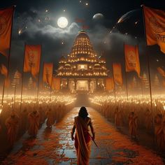 a woman walking down a path in front of an illuminated temple with flags and lights