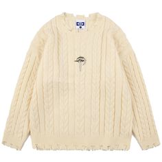 Knitted Y2k, Jumper Men, Thick Knit Sweater, Crying Eyes, Oversized Sweaters, Harajuku Streetwear, Beige Sweater