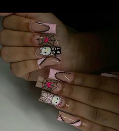 #halloween #nailsofinstagram #naildesign #inspiration Hello Kitty Frankenstein Nails, Spooky Hello Kitty Nails, Hello Kitty Halloween Nails, Hello Kitty Frankenstein, Ghostface Nails, Frankenstein Nails, Halloween Acrylic