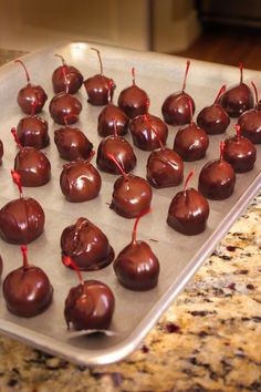 chocolate covered cherries on a baking sheet ready to be baked in the oven for christmas