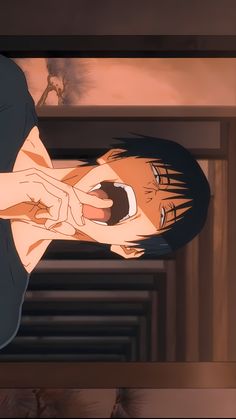 an anime character with his mouth open and hands on his chest, holding something in one hand